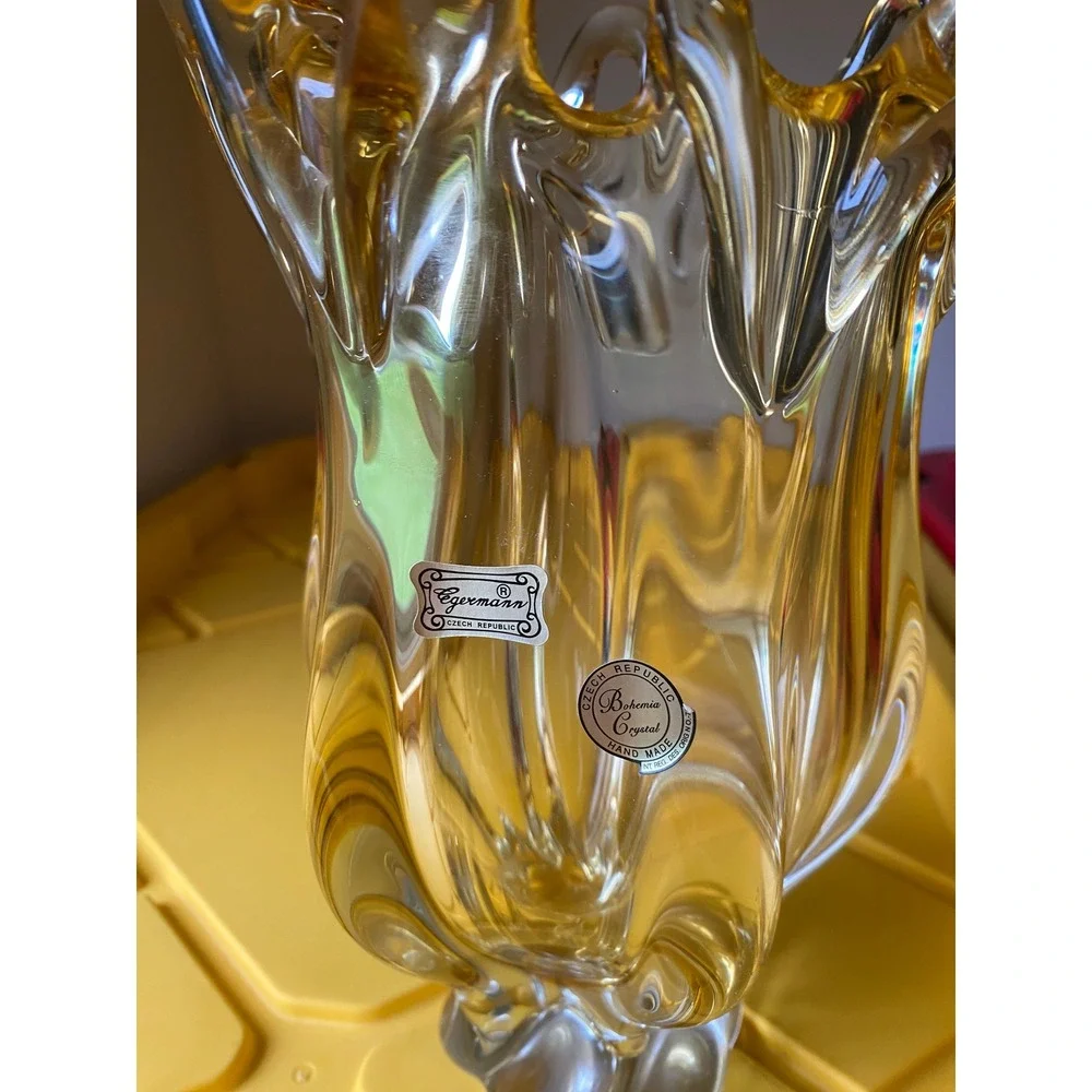 Egermann Bohemia Crystal Vase Hand Blown Amber Glass 10